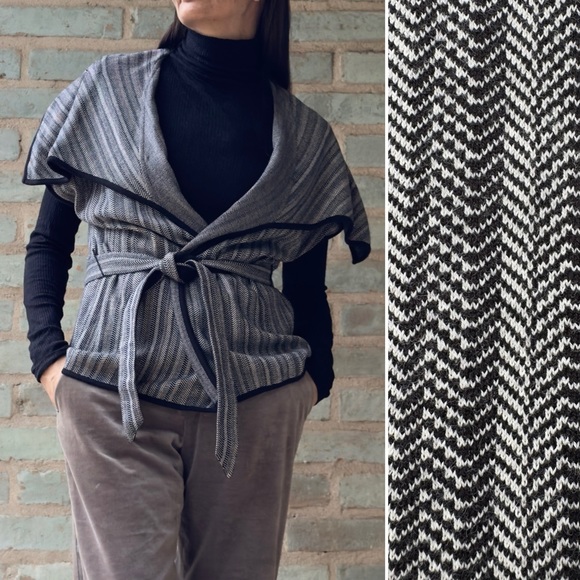 Dana Buchman Jacket Grey Herringbone Y2K Capelet Wide Collar Belt Tie Cardigan - Picture 14 of 14